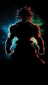 Muscular anime warrior silhouette with dual color backlighting