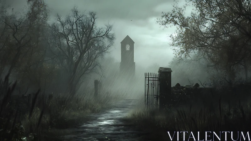 Rain-soaked path leading to distant tower and iron gate.
