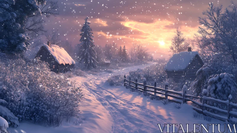 Snow covered cabins line a winding path at winter sunset