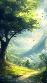 Luminescent Giants: Where Ancient Boughs Cradle Cloudbound Dreams.