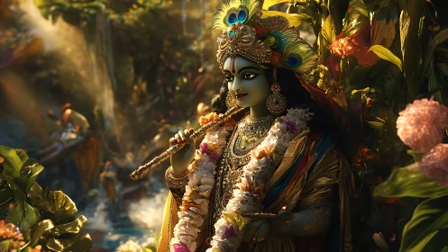 Divine flute player in luminous tropical forest garden