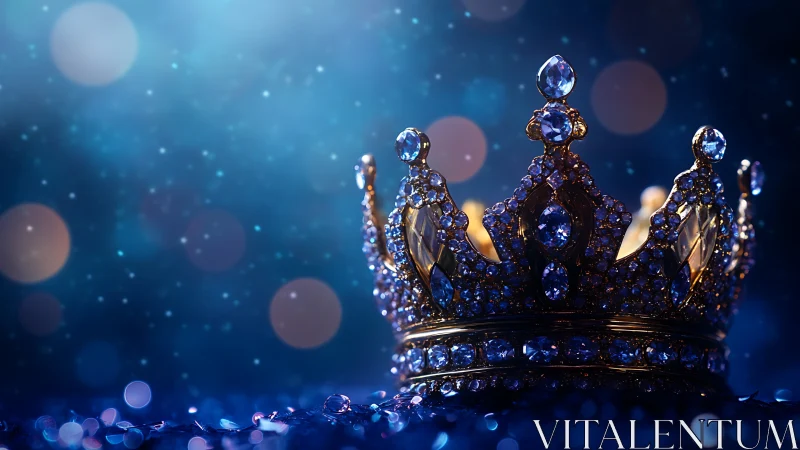 Jeweled sapphire crown glows under deep blue bokeh light.