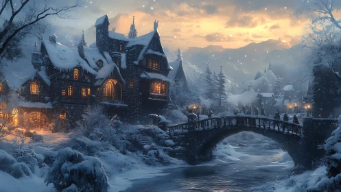 Snow-covered village bridge and illuminated stone lodge at dusk.