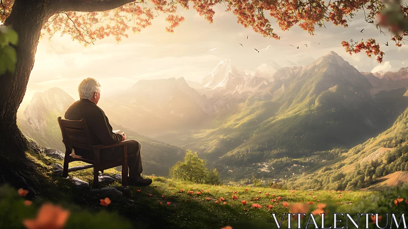 Elderly man on bench overlooking sunlit alpine valley.