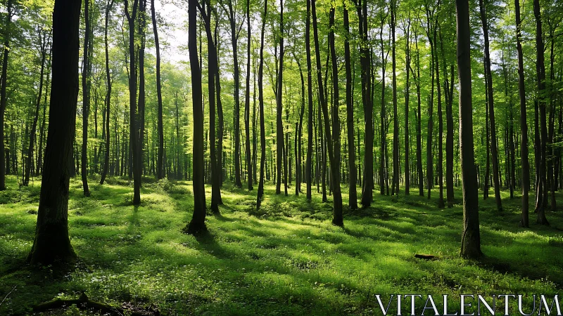 Sunlit green forest with tall trees and lush undergrowth, natural style.