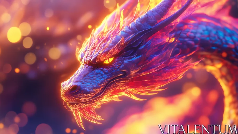 Vivid fire dragon head in glowing fantasy flames.