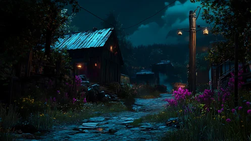Rural village path at night lit by warm cottage lamps
