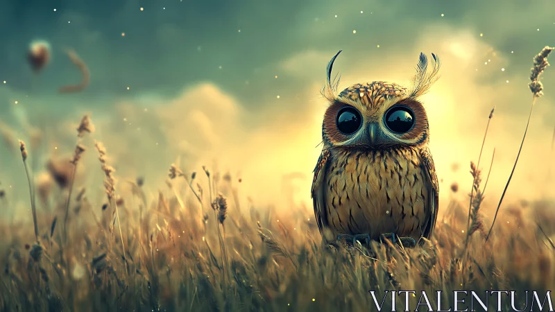 Micro-detailed nocturnal owl in volumetric dusk grassland.