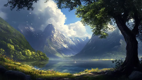 Sunlit alpine lake framed by towering snowlit peaks.