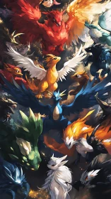 Elemental sky pack circles, their storm-bright wings colliding