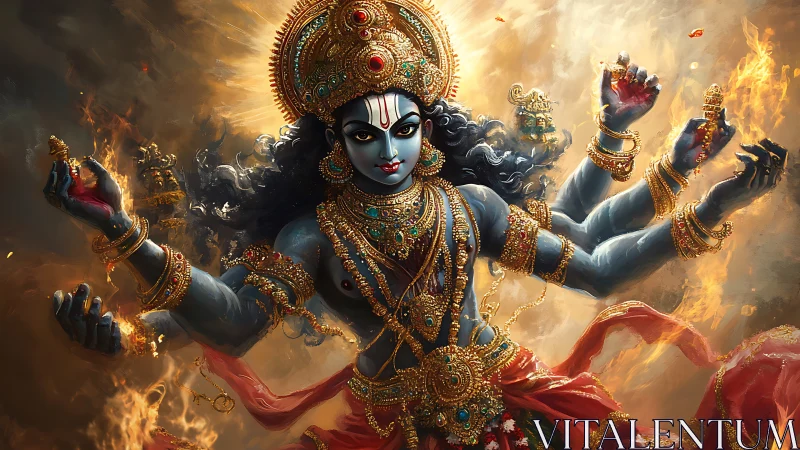 Fiery blue goddess rises in swirling gold and sacred power