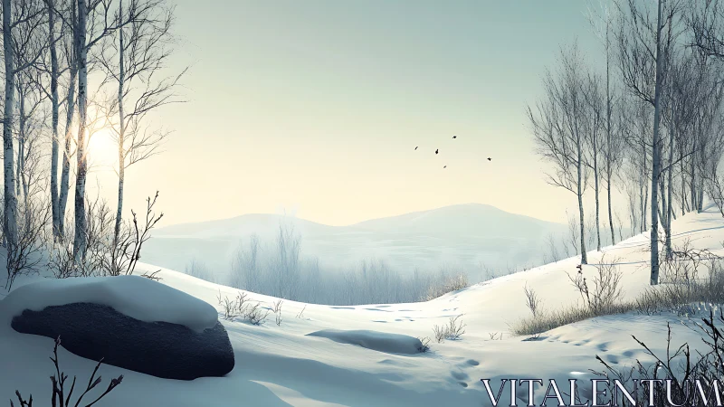 Winter Valley Landscape with Birch Trees Framing Snow-Covered Terrain