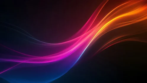 Chromatic light waves curve across a dark digital gradient field