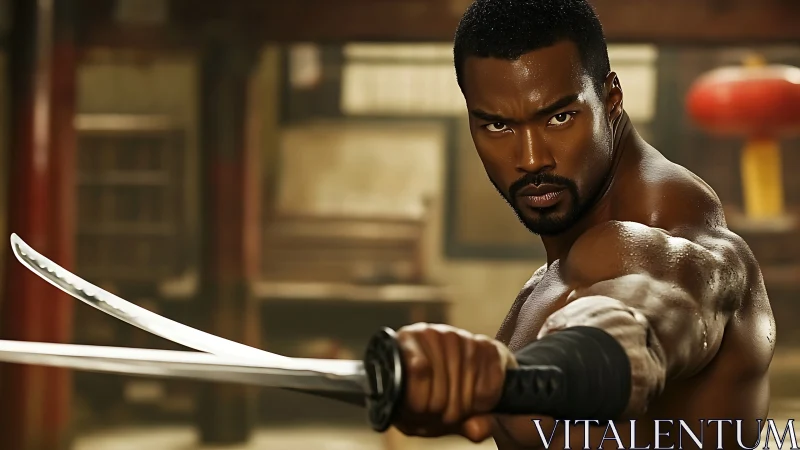 Martial artist with dual katanas in warm dojo interior light