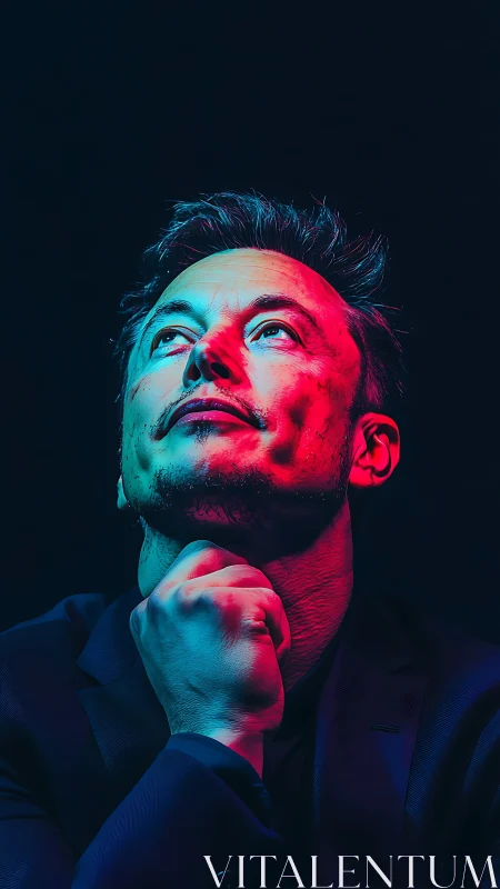 Neon-dual lit contemplative male portrait against deep black