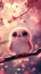 Soft-eyed baby owl rests under dreamy pink blossoms