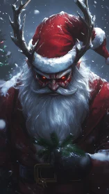 Demonic horned Santa portrait rendered in dark digital realism