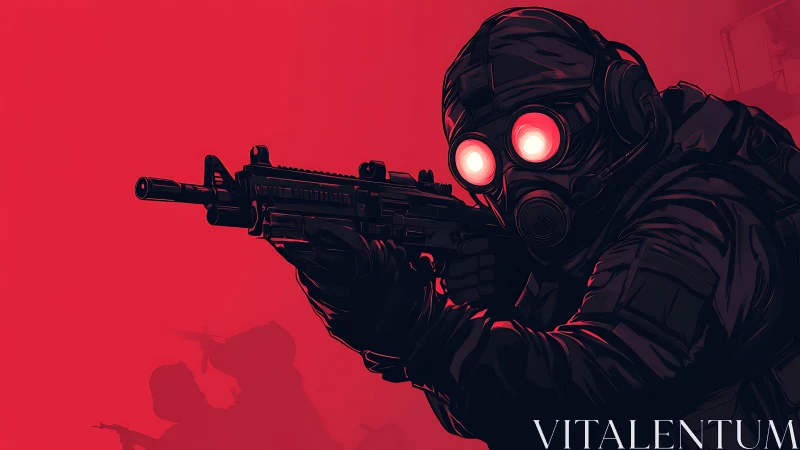 Crimson battlefield stalker with glowing night-vision gaze.