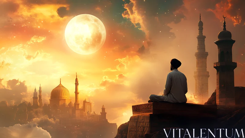 Moonlit prayer above glowing domes and ethereal minarets.