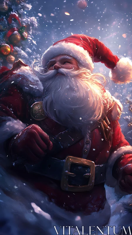 Heroic Santa portrait in dynamic snowy cinematic lighting.