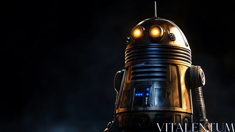 3D metallic service droid with cinematic rim lighting profile.