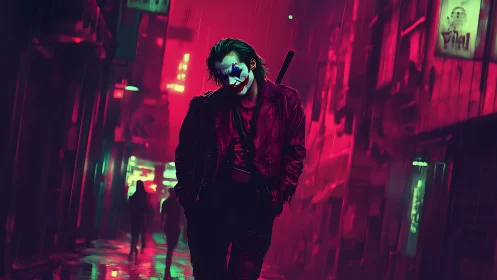 Neon clown rogue stalks rain-soaked cyberpunk alleys at night.