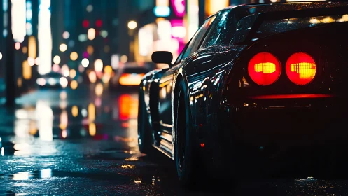 Retro sports car glows under neon rain soaked city lights.