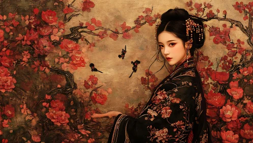 Elegant courtesan gazes amid crimson blossoms and silence