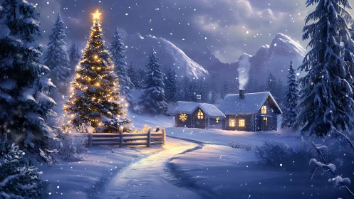 Snowy mountain cabin glows beside a starlit Christmas tree