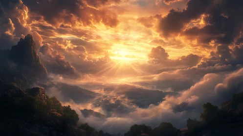 Volumetric sunrise over stratified cloud valleys and peaks.