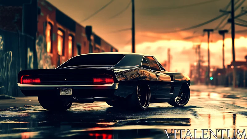 Retro muscle car at dusk on wet urban industrial street