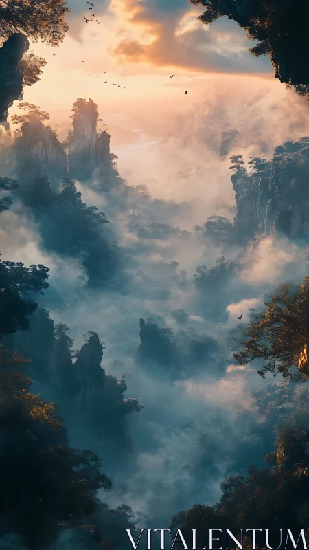 Sunrise mist drifts through towering fantasy stone peaks