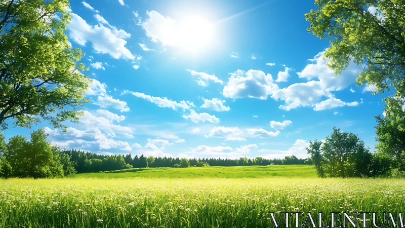 Sunlit meadow under expansive cumulus sky in vivid realism