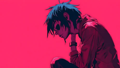 Melancholic anime figure rests against neon pink void.