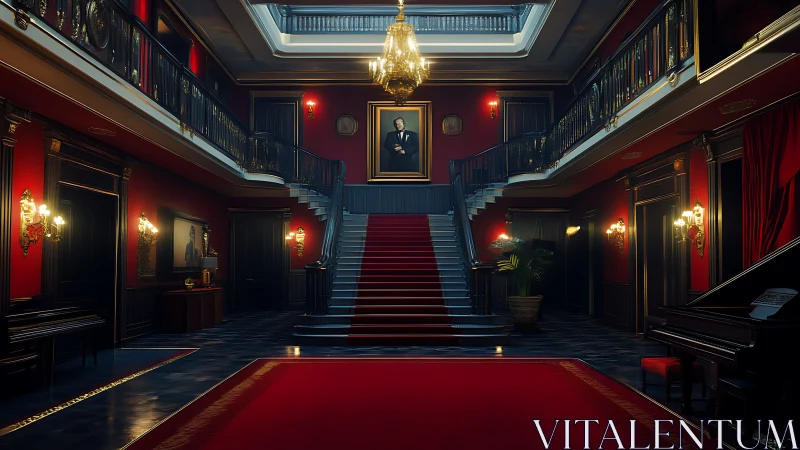 Grand crimson foyer with sweeping staircase and portrait