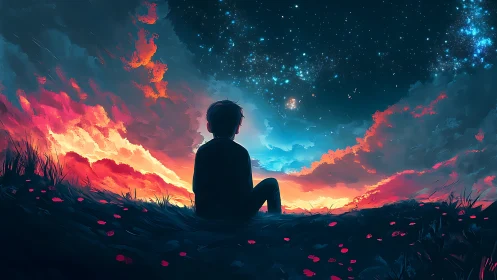 Silhouette boy watches glowing nebula sky at twilight