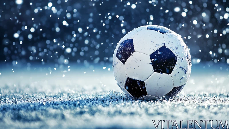 Soccer ball on frosted grass during active snowfall.