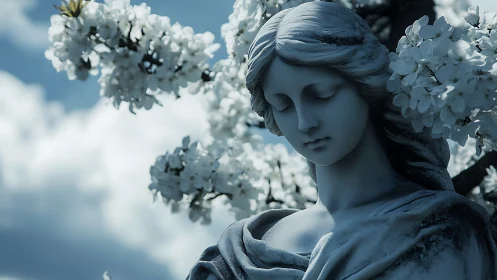 Gentle stone angel rests quietly beneath blossoming branches