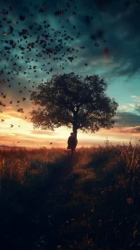 Twilight wanderer beneath a storm of leaves and fading sky.