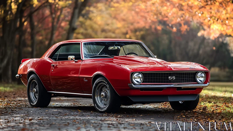 Red classic muscle car parked on forest road at sunset.