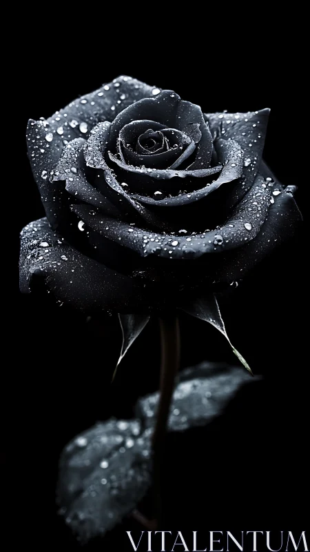 Midnight black rose glistening gently with silver raindrops.