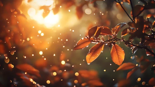 Sunlit raindrop confetti dancing through autumn leaves.