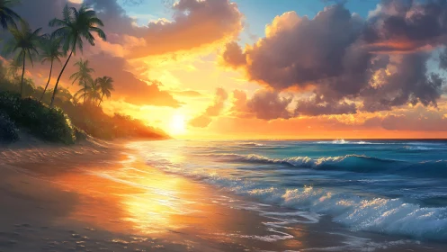 Golden sunset waves along a peaceful tropical shoreline.