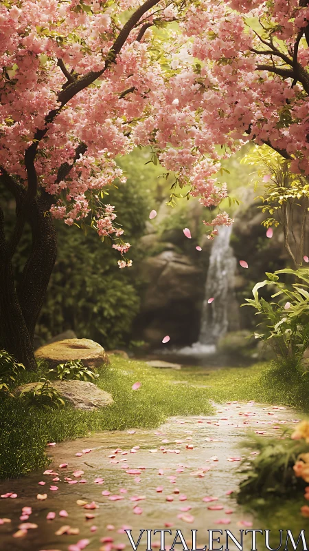 Blossoming cherry grove frames a tranquil hidden waterfall