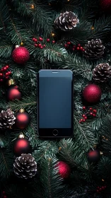 Cozy holiday smartphone nestled in sparkling pine boughs.