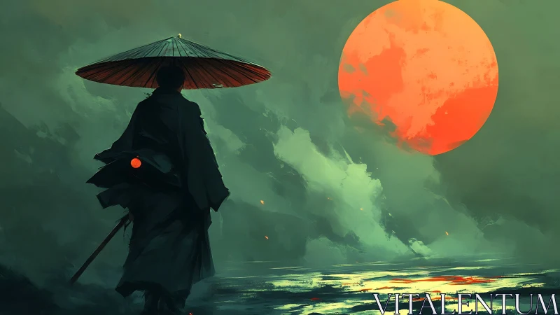 Solitary robed figure under umbrella facing large red sun.