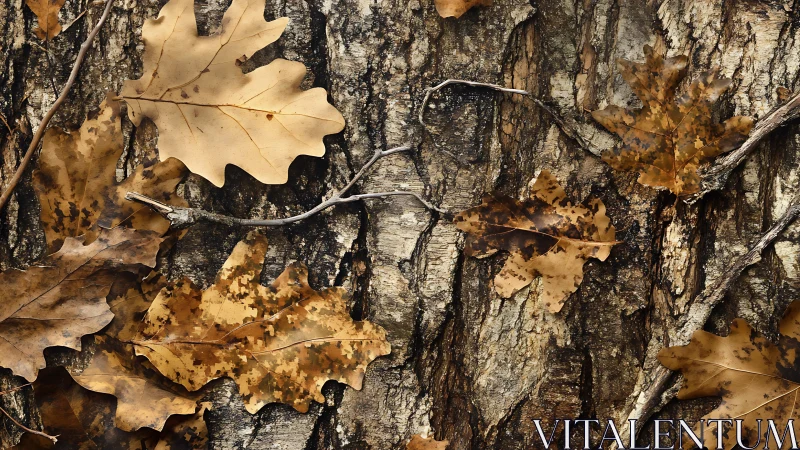 Autumn oak leaves lie over textured tree bark in close focus