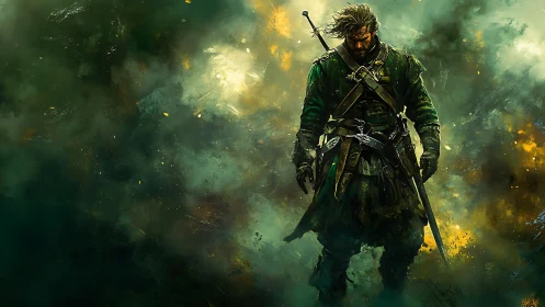 Battle-worn ranger strides through a storm of green fire