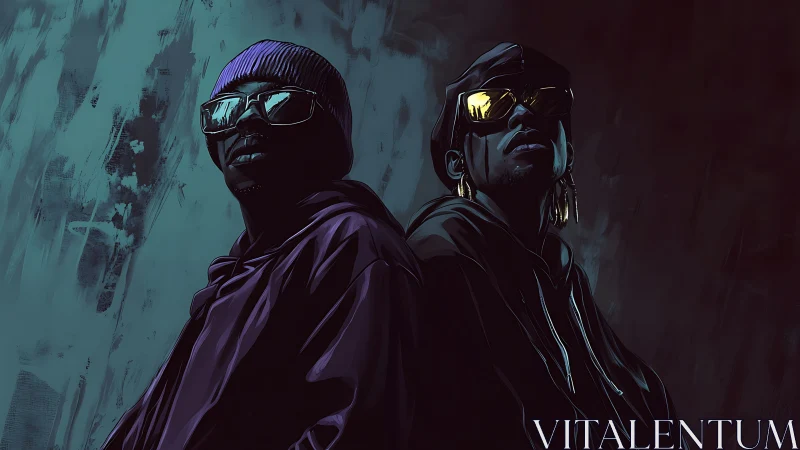 Neo-noir hip-hop duo portrait in moody digital chiaroscuro.