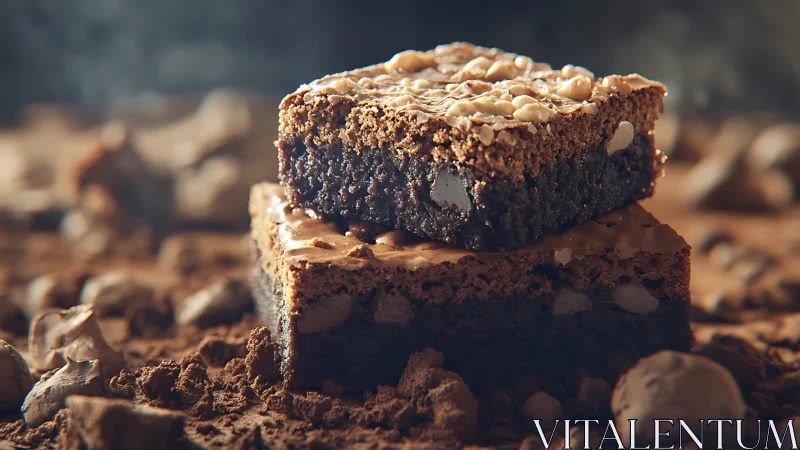 Stacked chocolate brownies with peanut topping on cocoa surface
